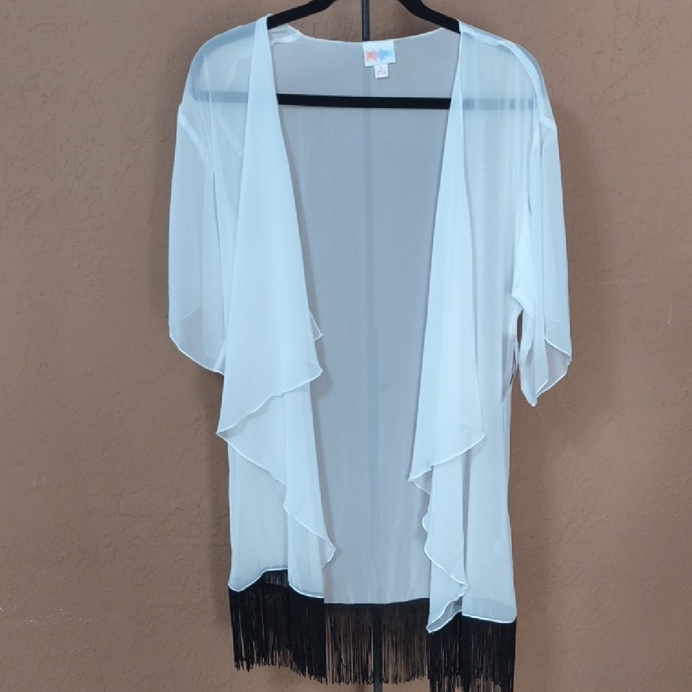 LuLaRoe Monroe Sheer White Kimono with Black Fringe Size Small NWT
